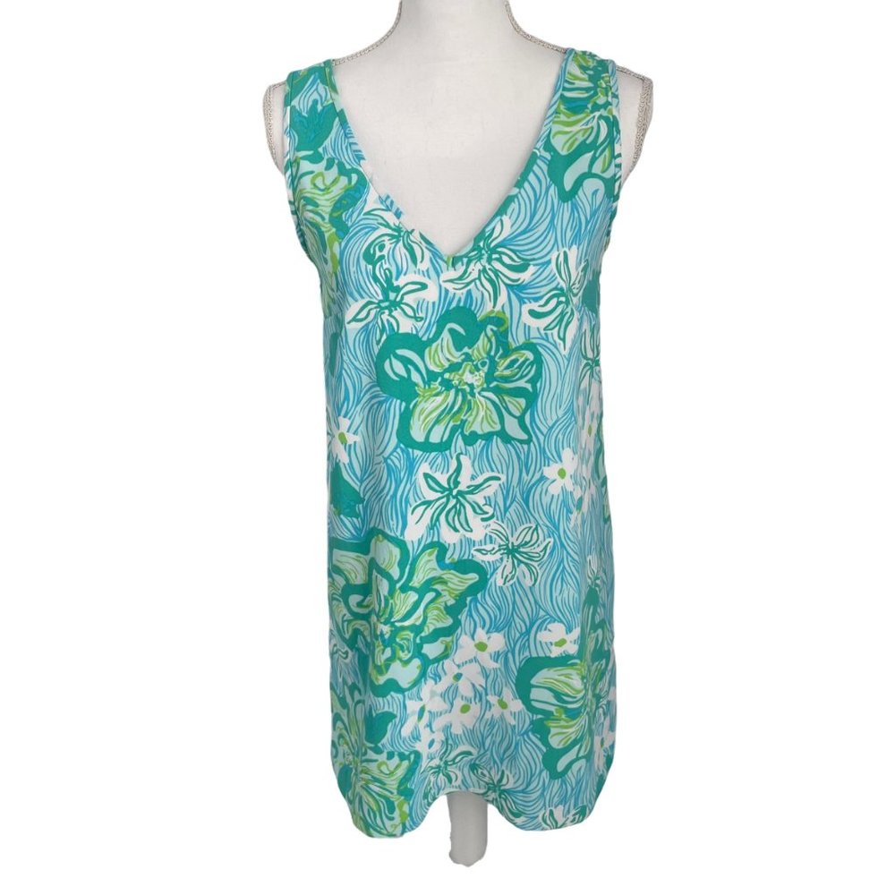 Lilly Pulitzer Dress Calissa Sleeveless Double V-Neck Wave Rider Lagoon Green 2